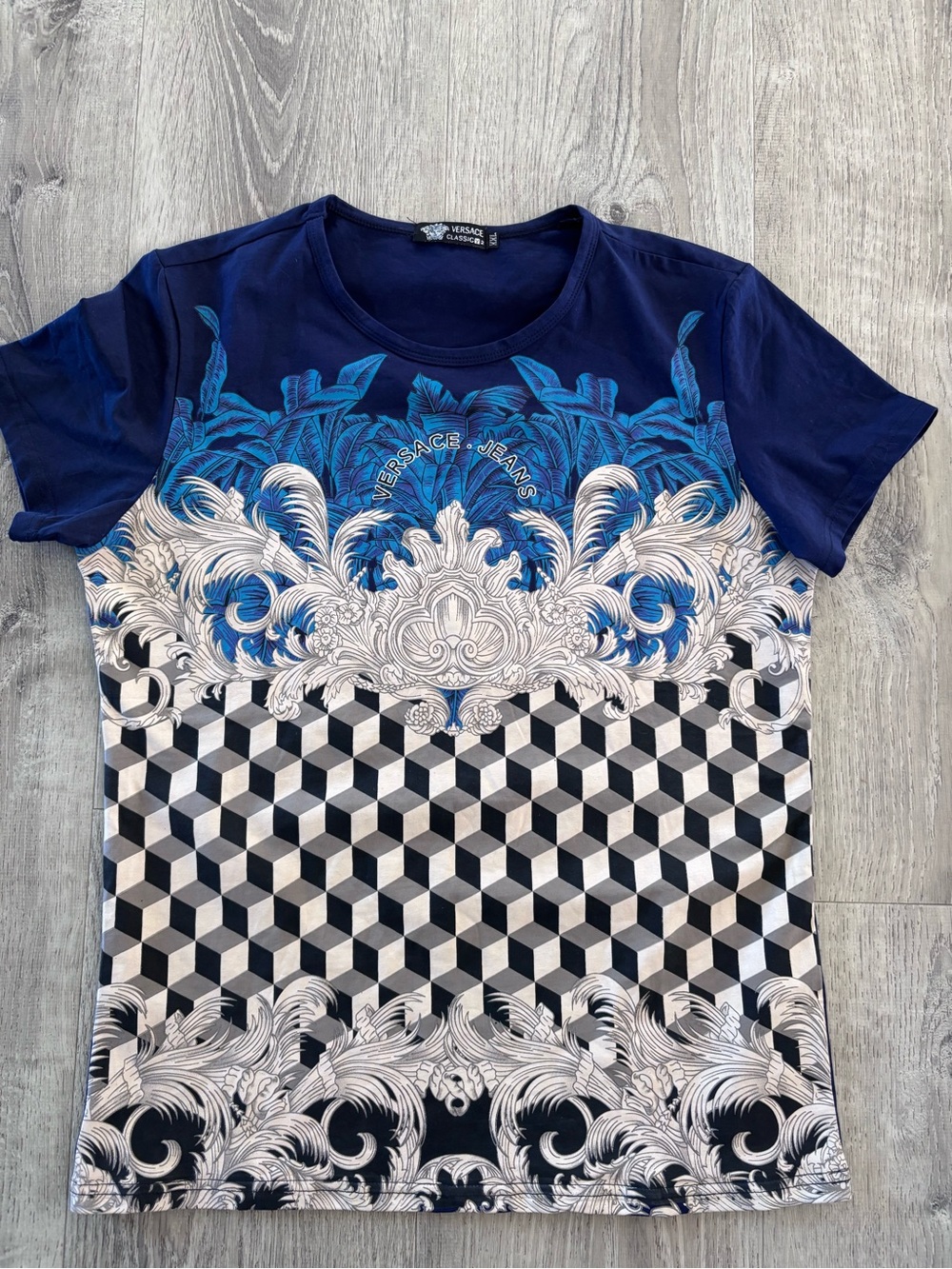 Versace jeans Navy Blue and Cream Baroque Graphic Short Sleeve Tee